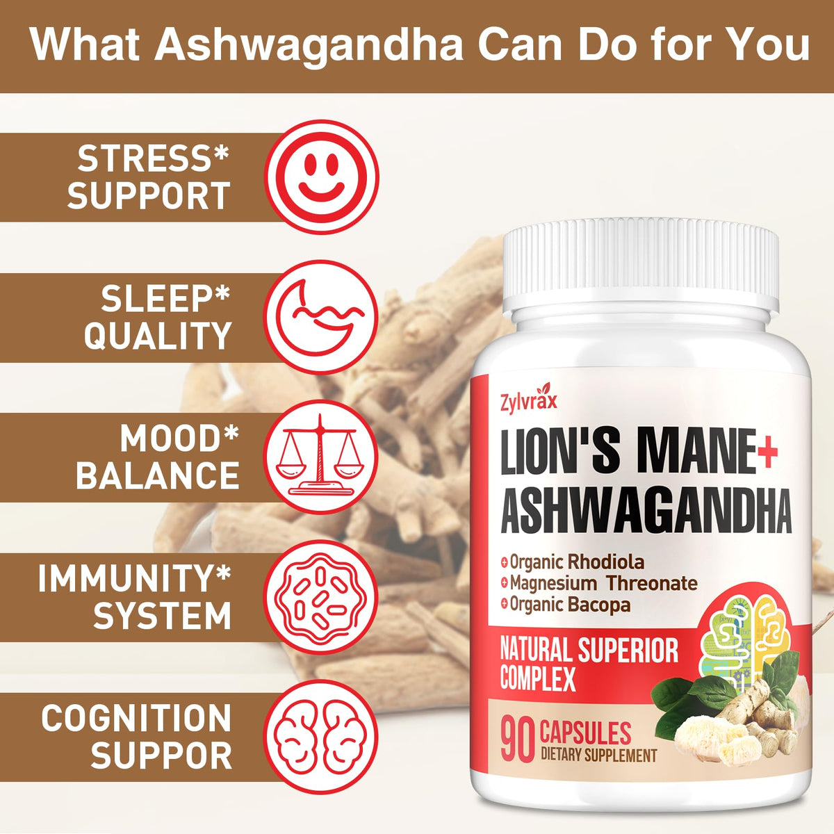 Vue de côté des compléments Ashwagandha et Lions Mane Zylvrax