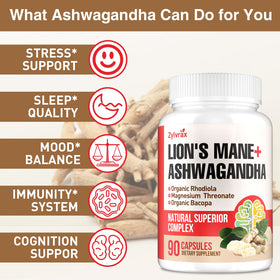 Vue de côté des compléments Ashwagandha et Lions Mane Zylvrax