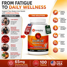 Vue de côté des comprimés de fer DR WELLME NUTRITION