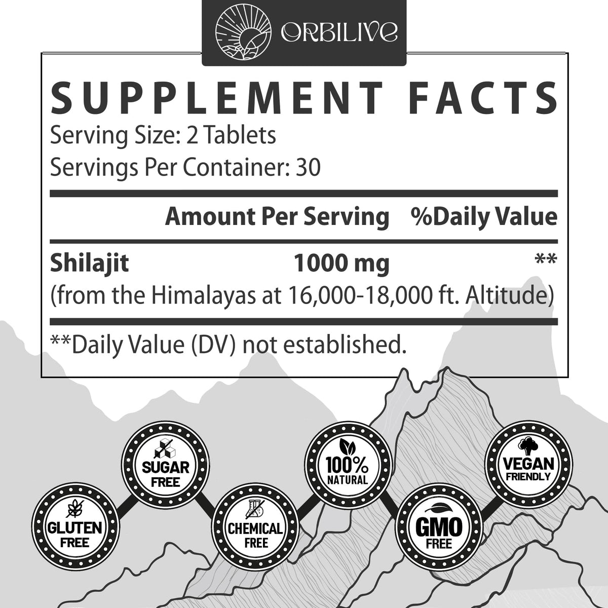 Vue de côté des comprimés de Shilajit ORBILIVE