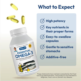 Vue de côté des gélules d'huile de poisson Omega-3 d'ANDREW LESSMAN