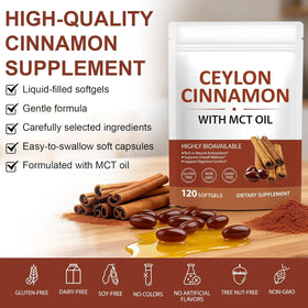 Vue de côté des gélules de cannelle de Ceylan laraspi, 120 softgels