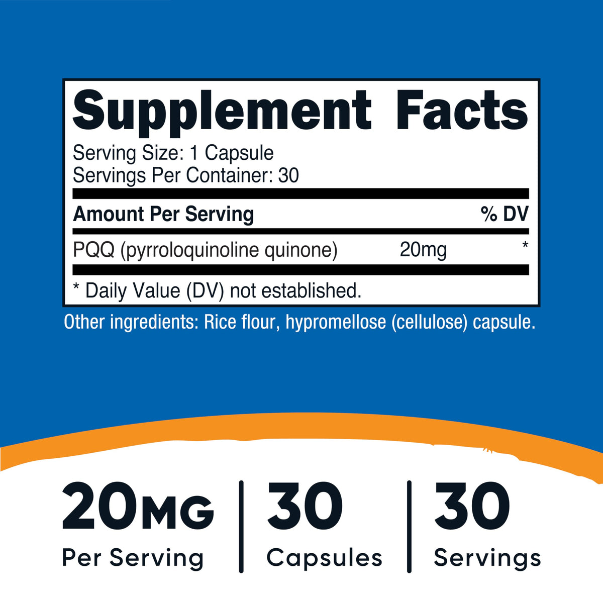 Vue de côté des gélules végétariennes Nutricost PQQ 20mg