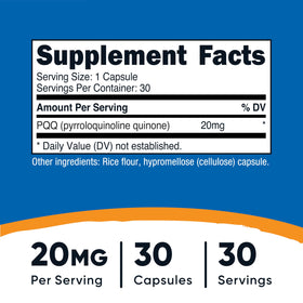 Vue de côté des gélules végétariennes Nutricost PQQ 20mg