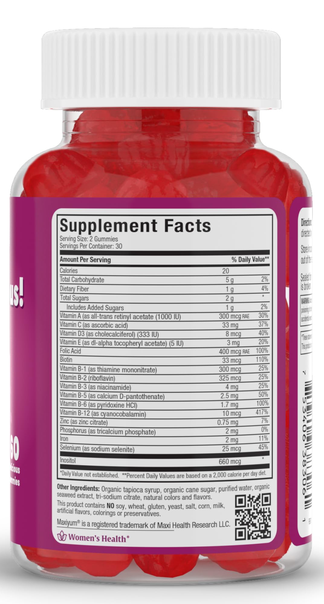 Vue de côté des gummies prénatales Maxi Health