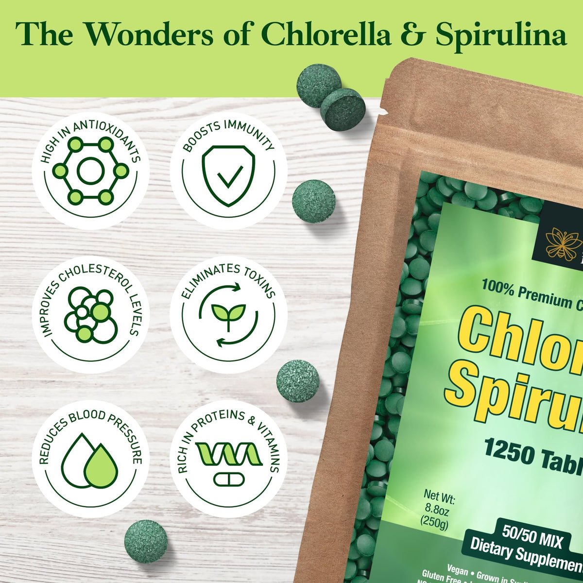 Vue de côté des tablettes de spiruline et chlorelle Good Natured
