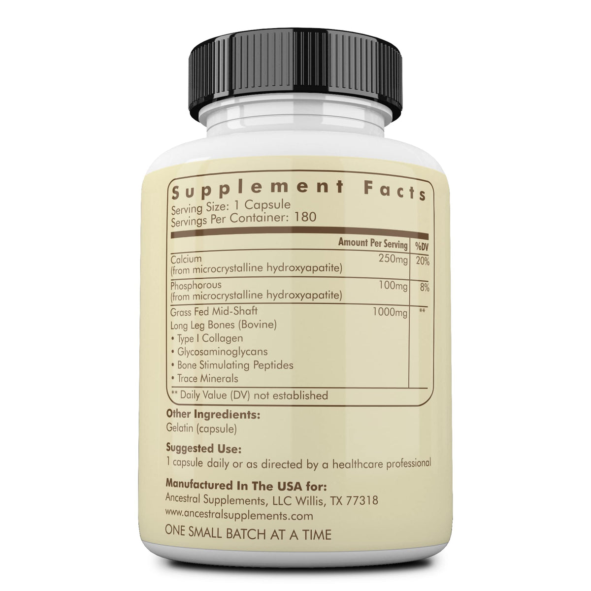 Vue de côté du complément alimentaire Ancestral Supplements avec ingrédients visibles