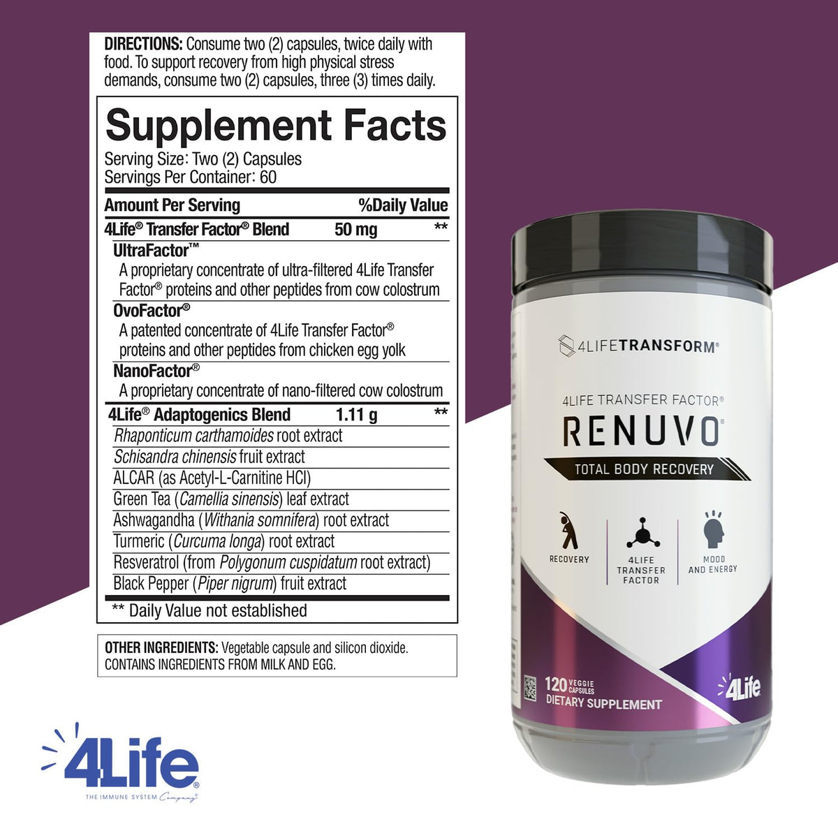 Vue de côté du flacon 4Life Renuvo avec capsules visibles
