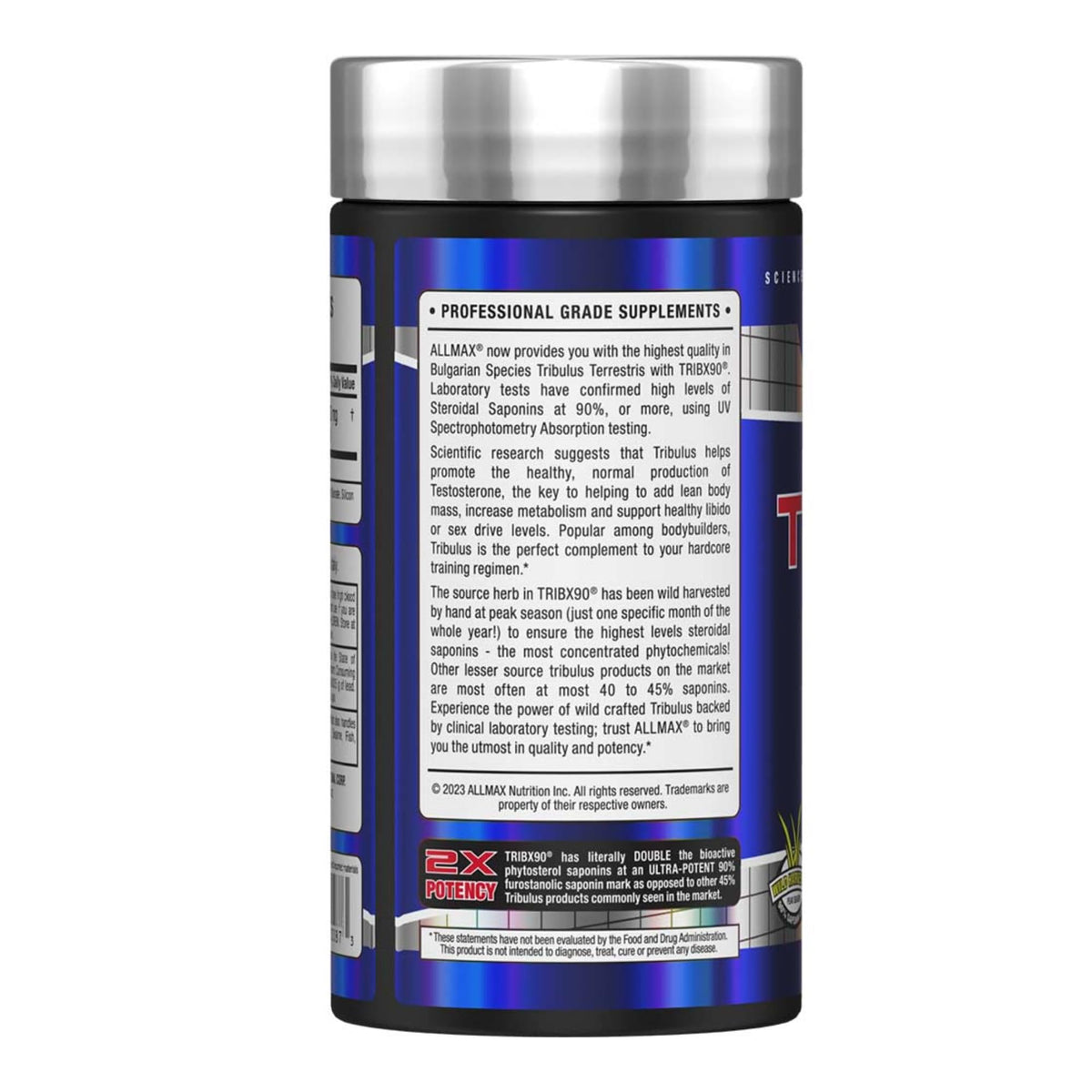 Vue de côté du flacon ALLMAX TRIBX90 avec capsules visibles