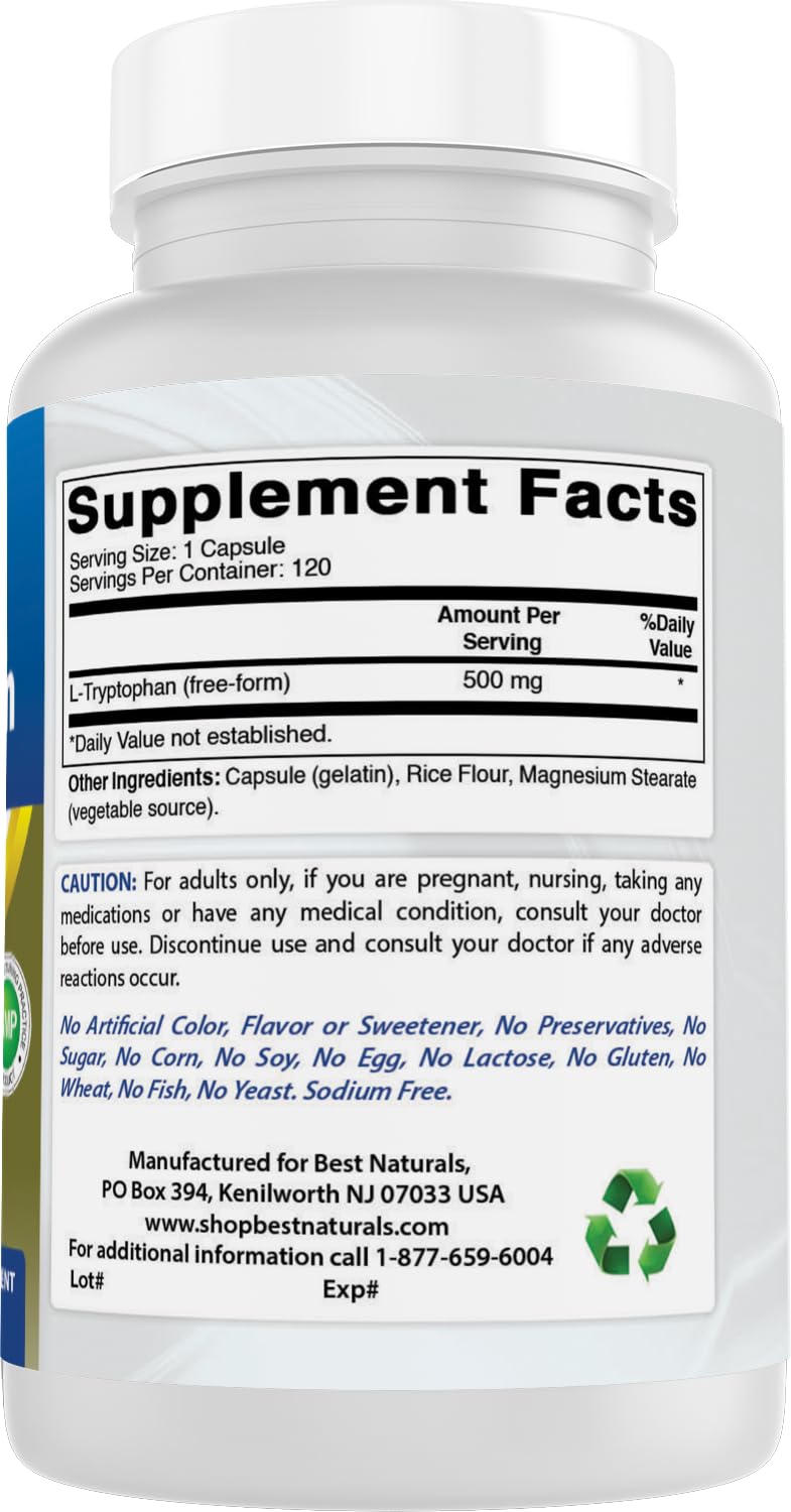 Vue de côté du flacon Best Naturals L-Tryptophan 500 mg