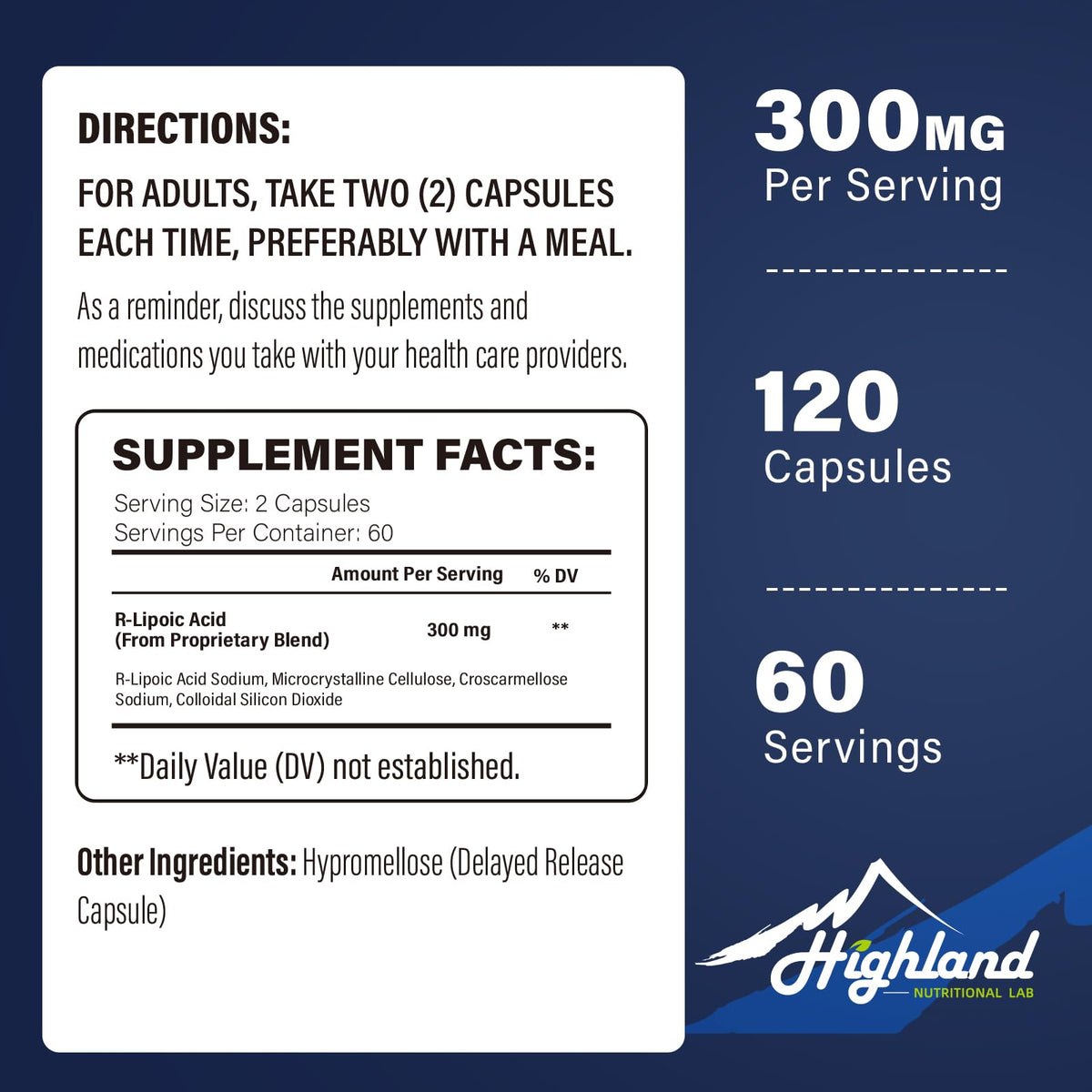 Vue de côté du flacon d'acide R-lipoïque Highland Nutritional Lab