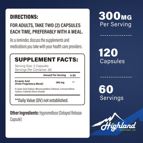 Vue de côté du flacon d'acide R-lipoïque Highland Nutritional Lab
