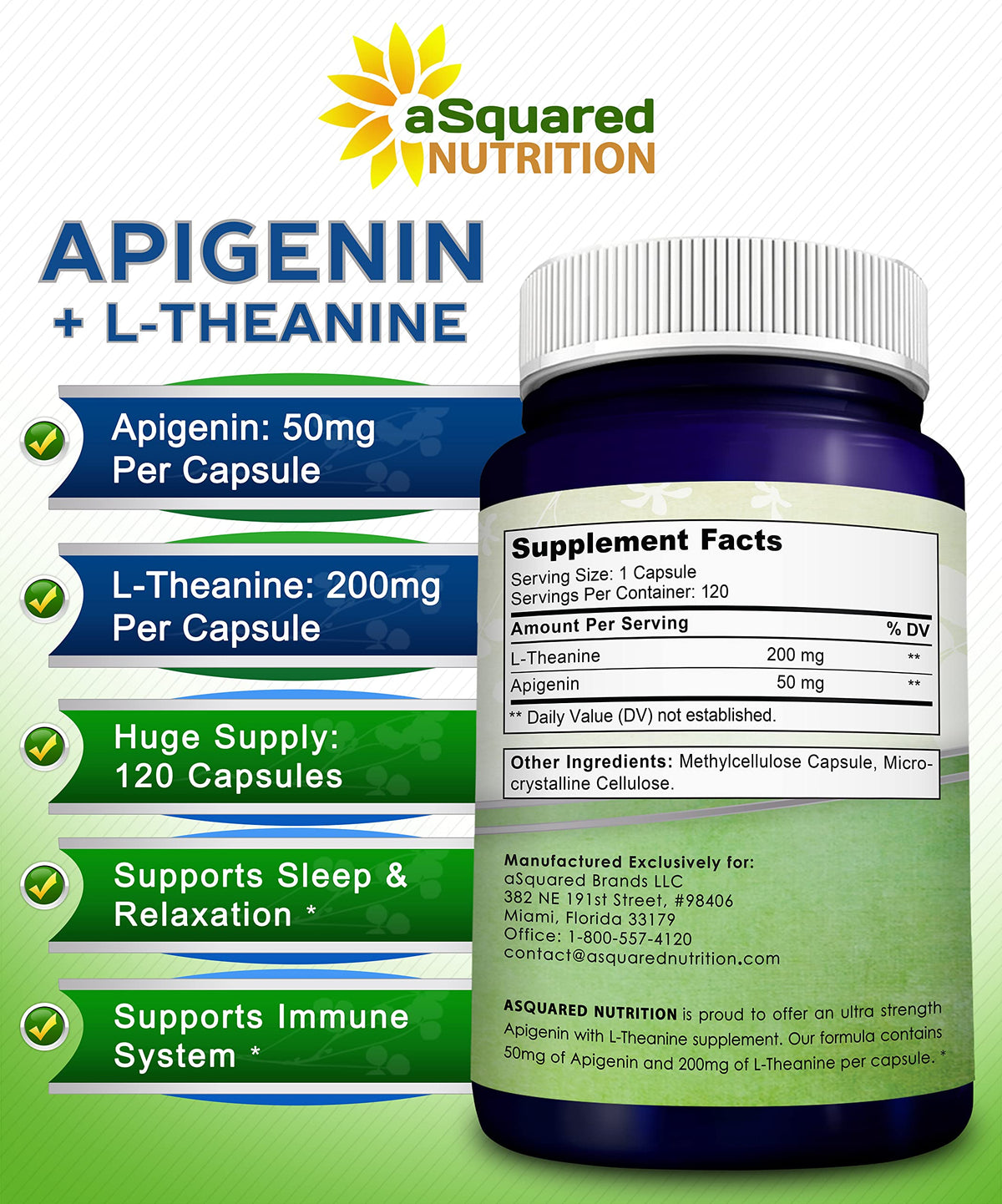 Vue de côté du flacon d'Apigenin 50mg et L-Theanine 200mg de aSquared Nutrition