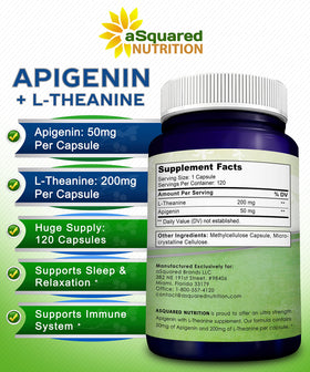 Vue de côté du flacon d'Apigenin 50mg et L-Theanine 200mg de aSquared Nutrition