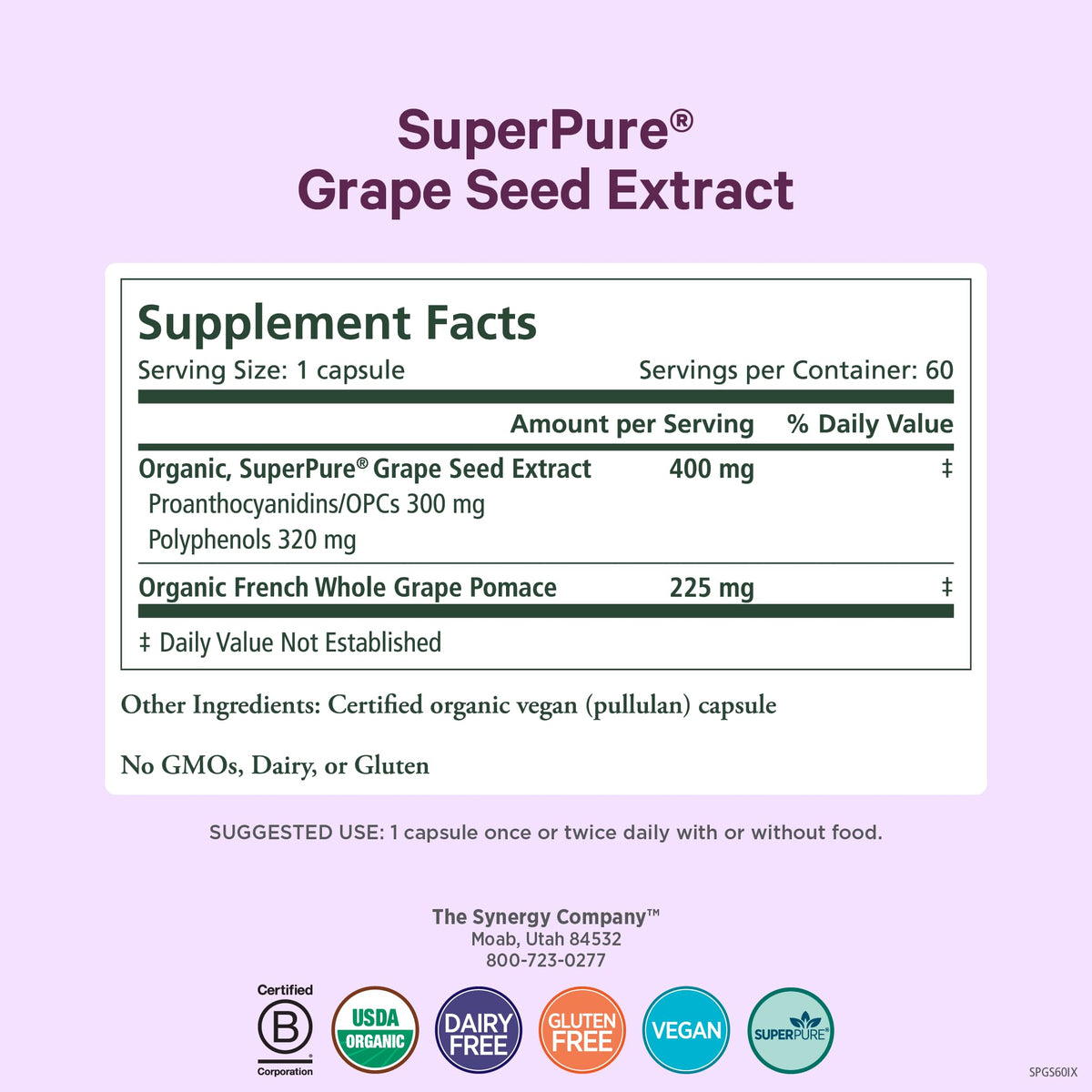 Vue de côté du flacon d'extrait de pépins de raisin PURE SYNERGY
