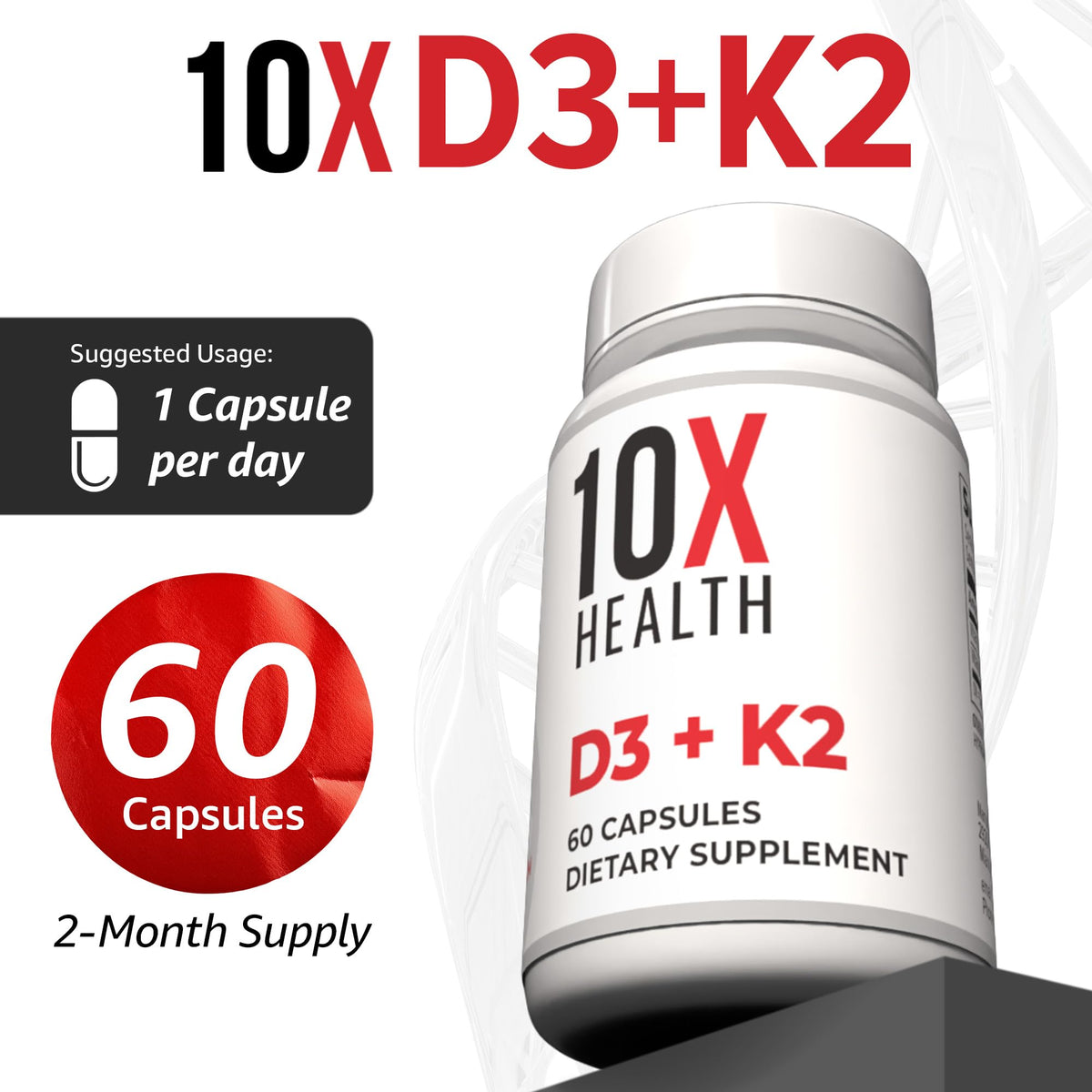 Vue de côté du flacon de 10X Health Vitamine D3 K2
