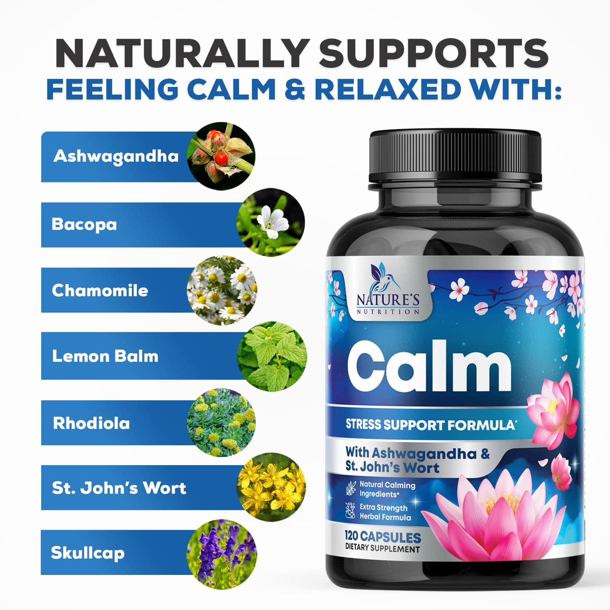 Vue de côté du flacon de 120 capsules Ashwagandha Nature's Nutrition