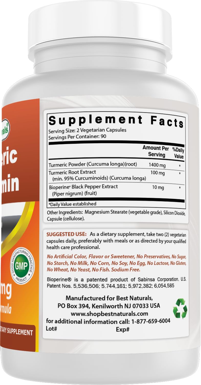 Vue de côté du flacon de Best Naturals Curcuma Curcumin 180 capsules