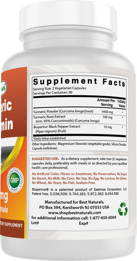 Vue de côté du flacon de Best Naturals Curcuma Curcumin 180 capsules