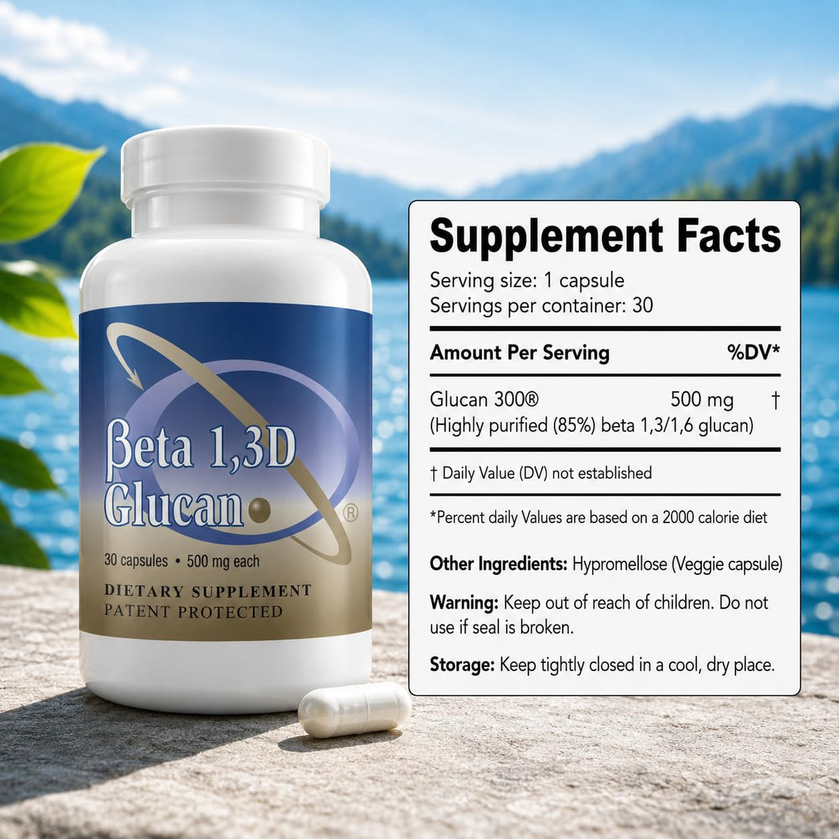 Vue de côté du flacon de Beta 1,3D Glucan 500 mg de Transfer Point