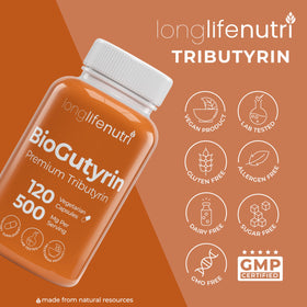 Vue de côté du flacon de BioGutyrin LongLifeNutri 500mg
