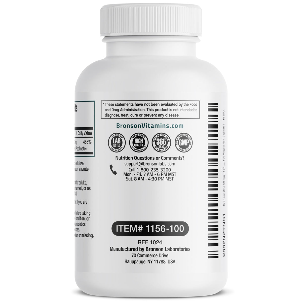 Vue de côté du flacon de Bronson Zinc Complex 50 mg