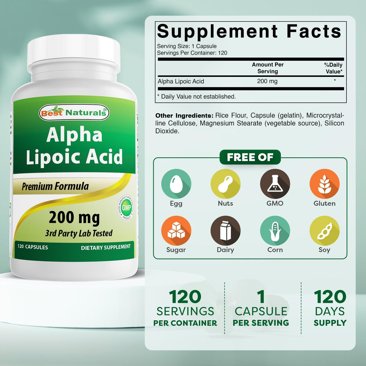 Vue de côté du flacon de capsules d'acide alpha-lipoïque Best Naturals