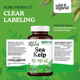 Vue de côté du flacon de capsules d'algue marine Wild & Organic