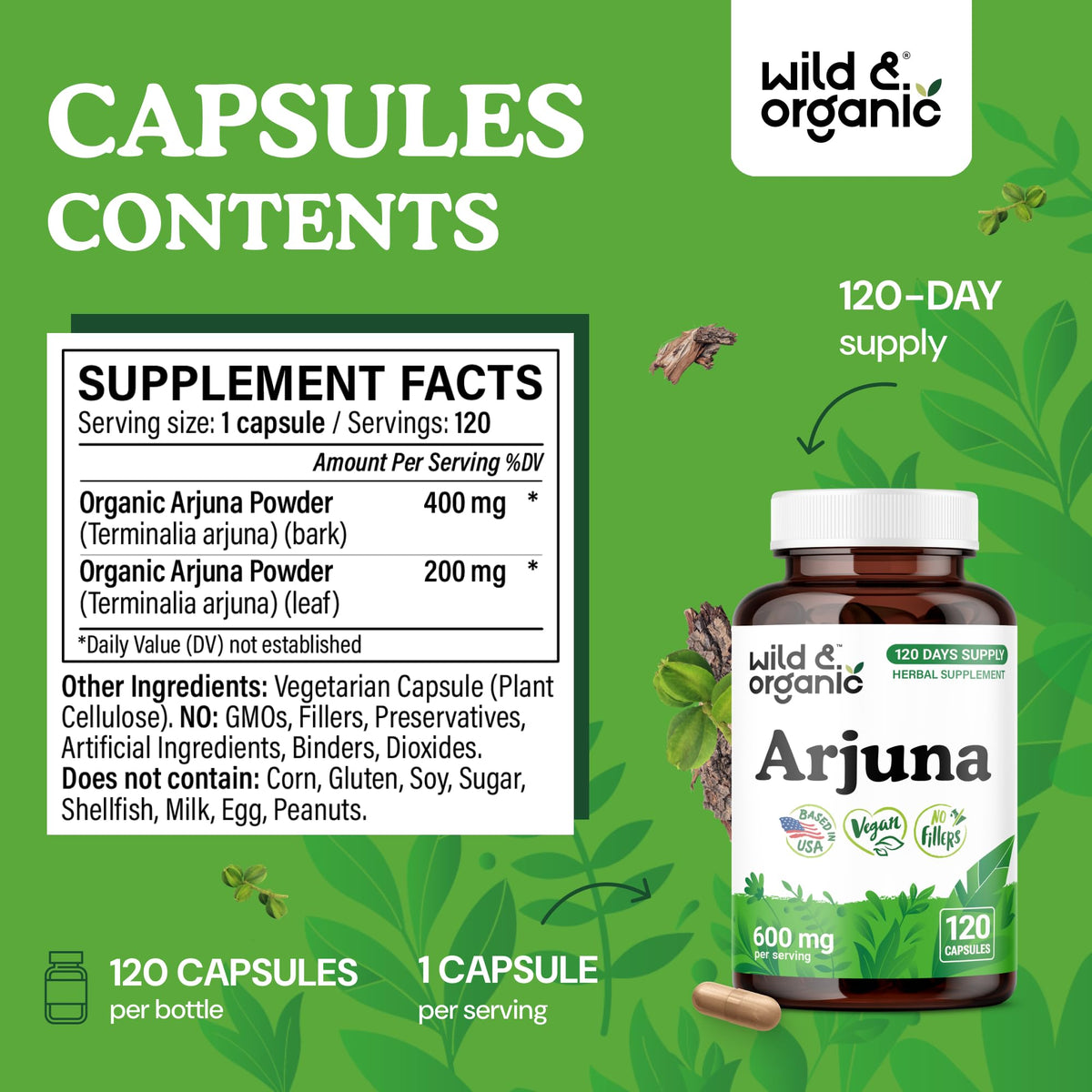 Vue de côté du flacon de capsules d'arjuna Wild & Organic