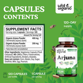 Vue de côté du flacon de capsules d'arjuna Wild & Organic