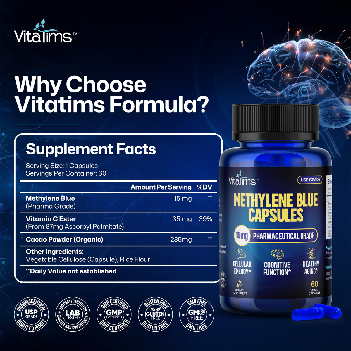 Vue de côté du flacon de capsules de bleu de méthylène Vitatims