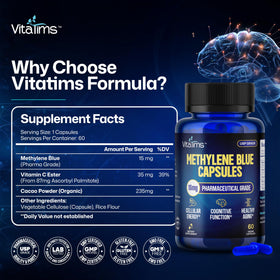 Vue de côté du flacon de capsules de bleu de méthylène Vitatims