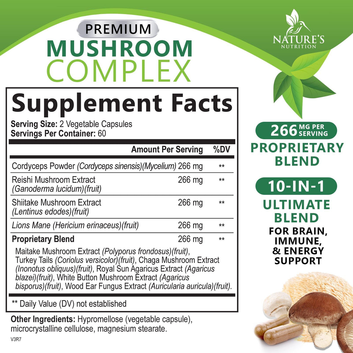 Vue de côté du flacon de capsules de champignons Nature's Nutrition