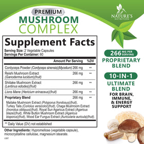 Vue de côté du flacon de capsules de champignons Nature's Nutrition