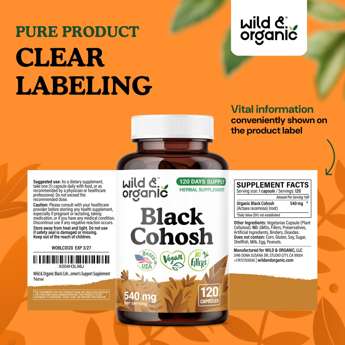 Vue de côté du flacon de capsules de Cimicifuga Wild & Organic
