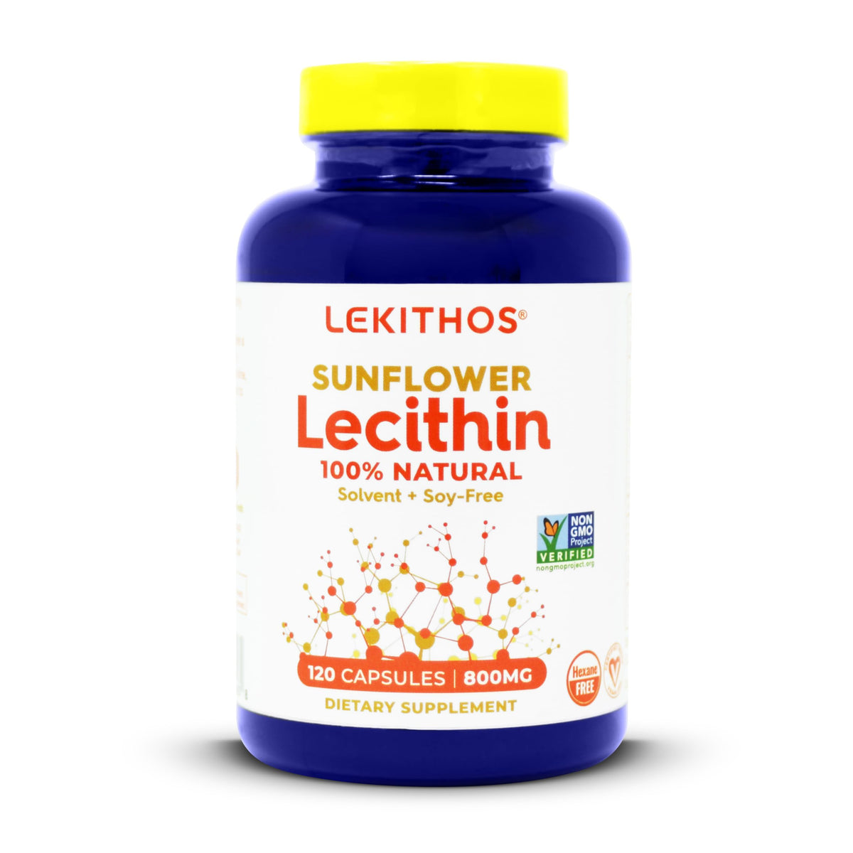 Vue de côté du flacon de capsules de lécithine de tournesol Lekithos