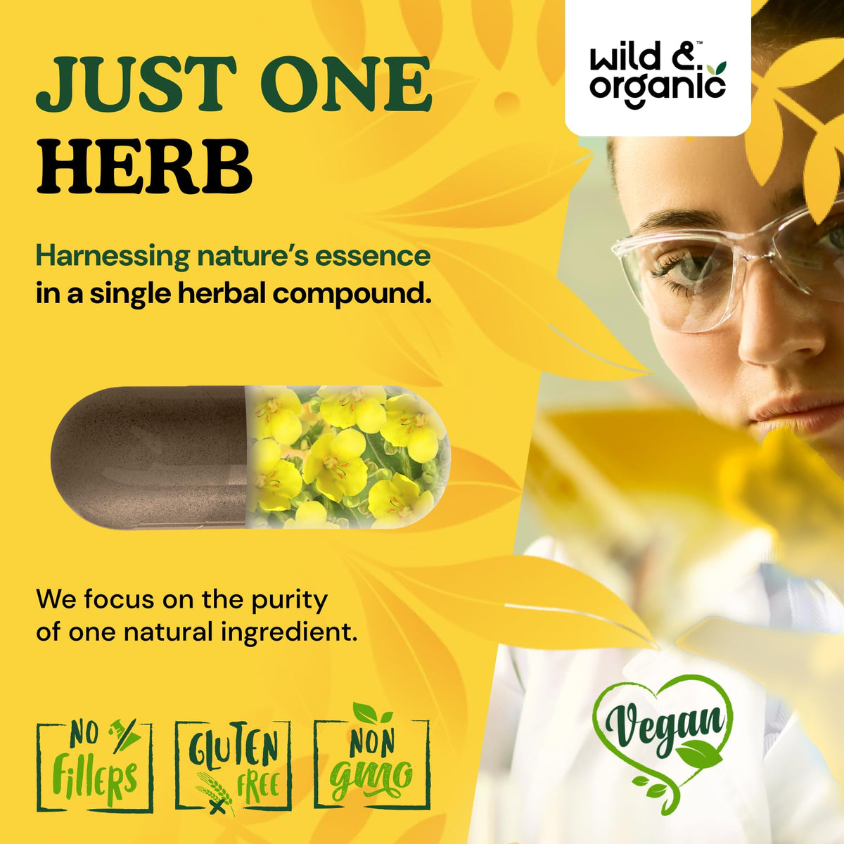 Vue de côté du flacon de capsules de molène Wild & Organic