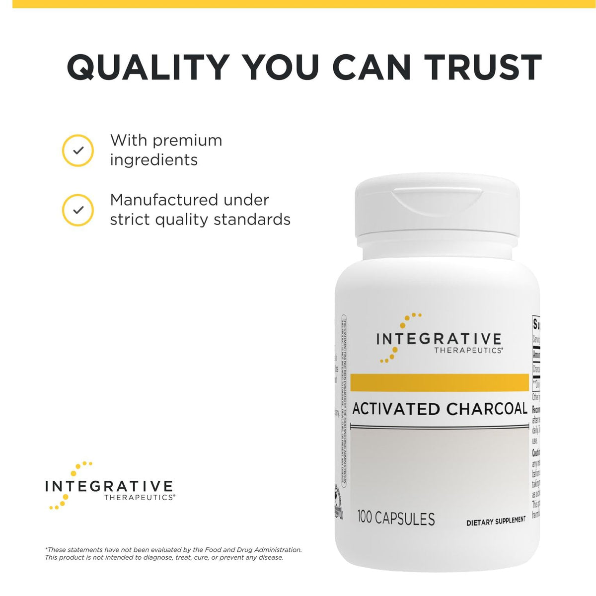 Vue de côté du flacon de charbon actif Integrative Therapeutics