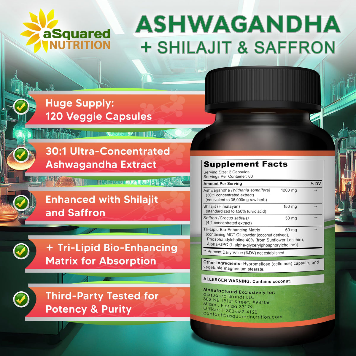 Vue de côté du flacon de compléments alimentaires Ashwagandha