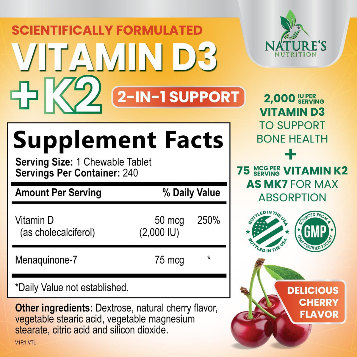 Vue de côté du flacon de comprimés D3 K2 Nature's Nutrition