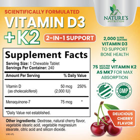 Vue de côté du flacon de comprimés D3 K2 Nature's Nutrition