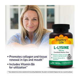 Vue de côté du flacon de Country Life L-Lysine 500mg