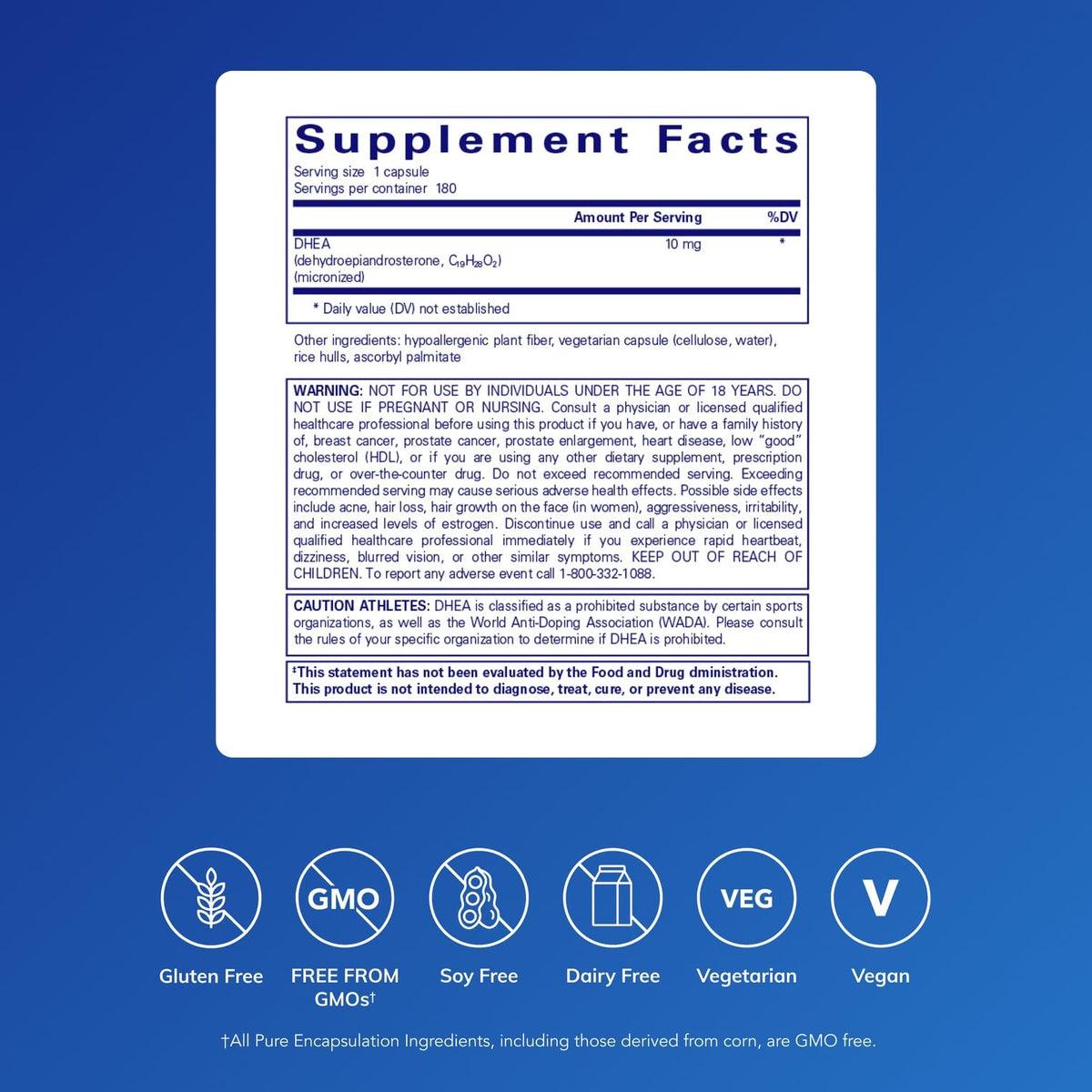 Vue de côté du flacon de DHEA 10 mg de Pure Encapsulations