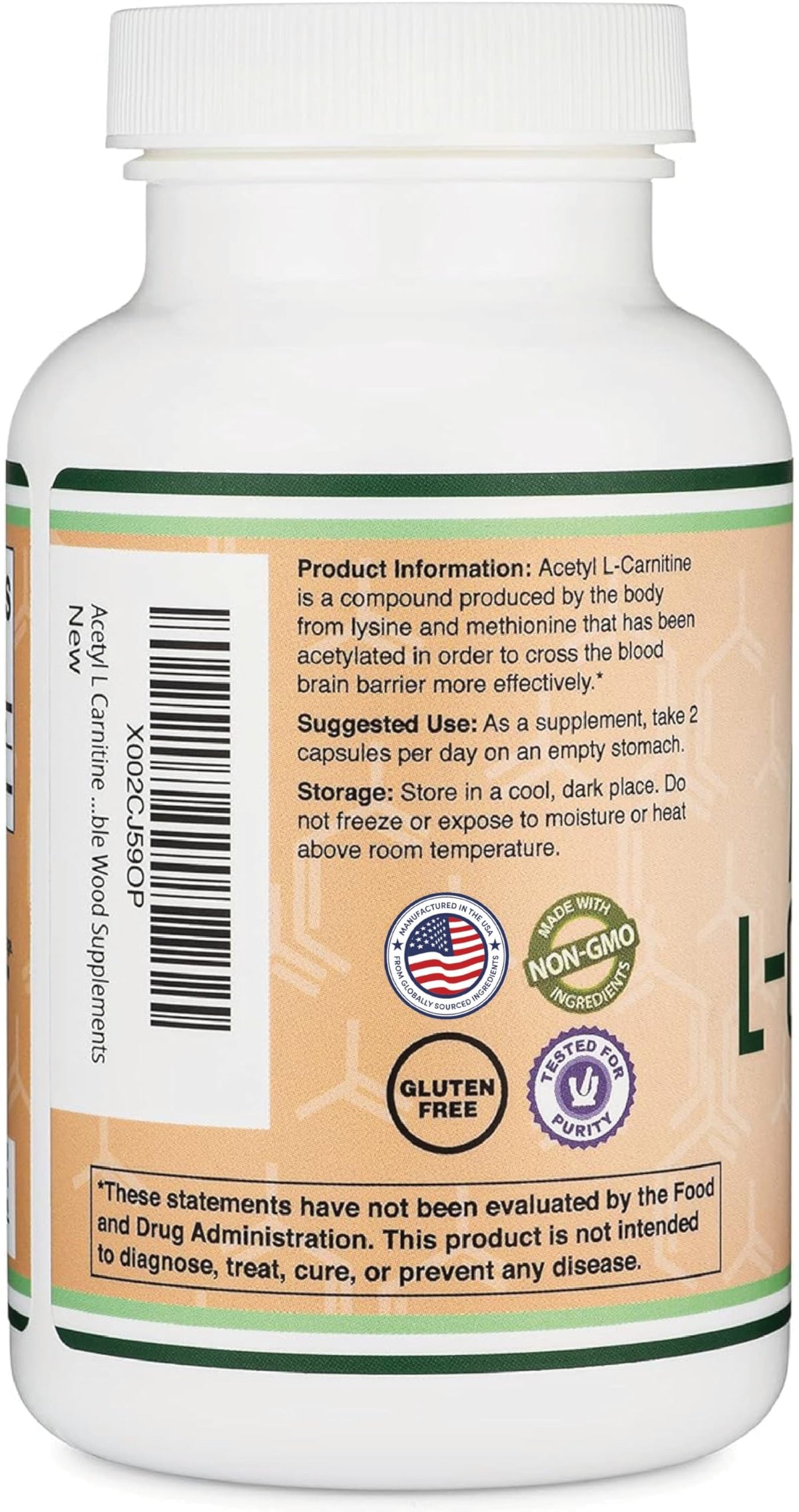 Vue de côté du flacon de Double Wood Acetyl L-Carnitine