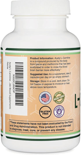 Vue de côté du flacon de Double Wood Acetyl L-Carnitine