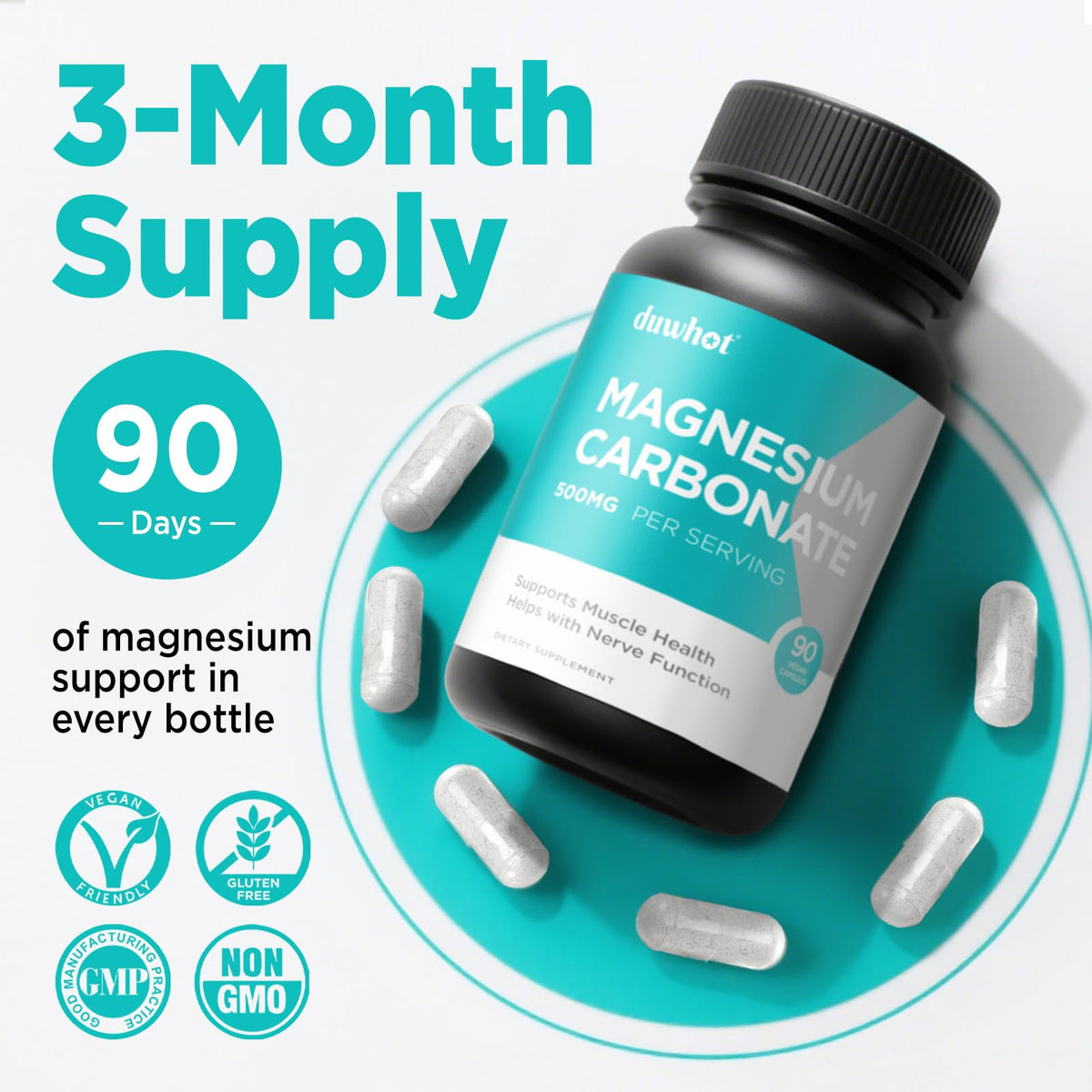 Vue de côté du flacon de duwhot Magnésium Carbonate 500mg