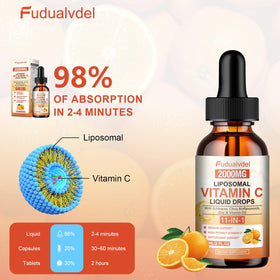 Vue de côté du flacon de gouttes de vitamine C Fudualvdel
