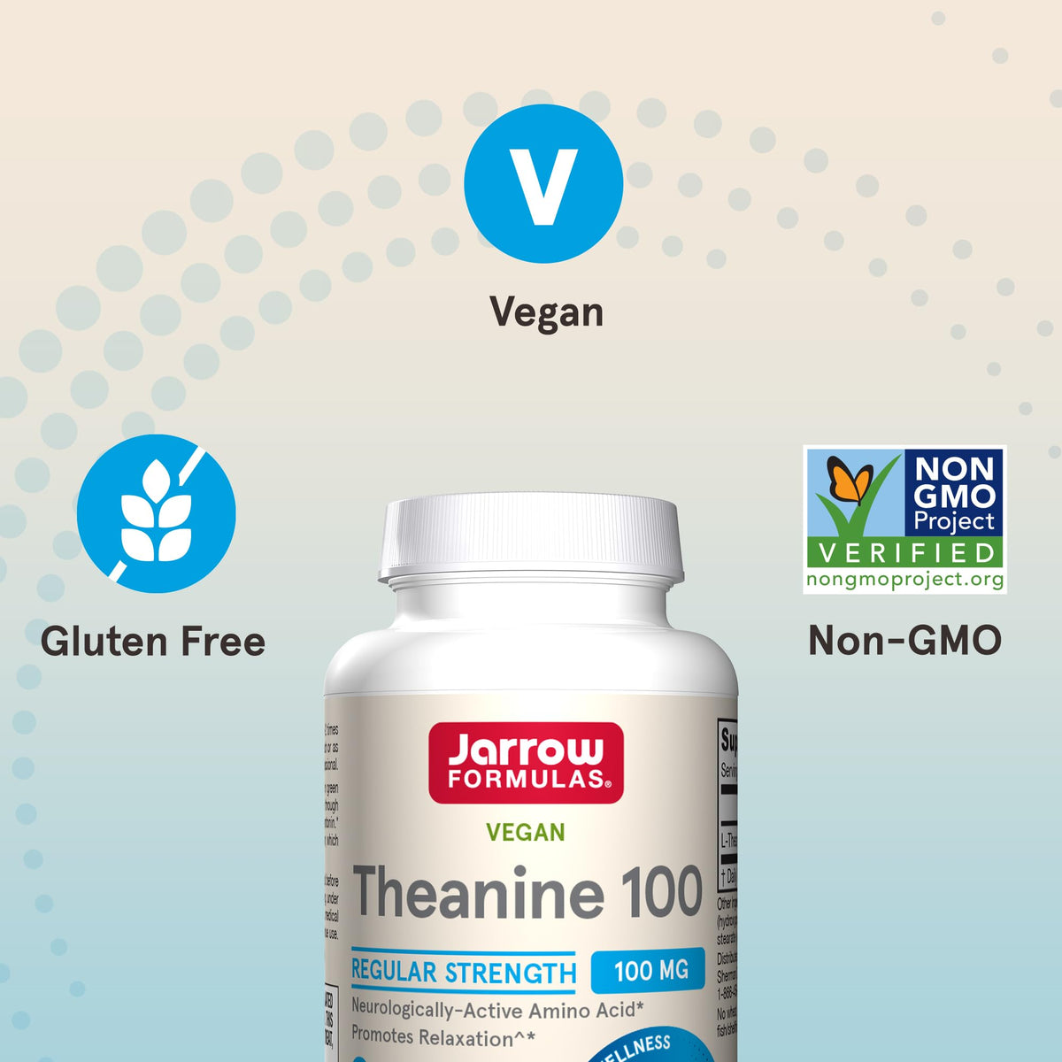 Vue de côté du flacon de Jarrow Formulas Theanine 100 mg