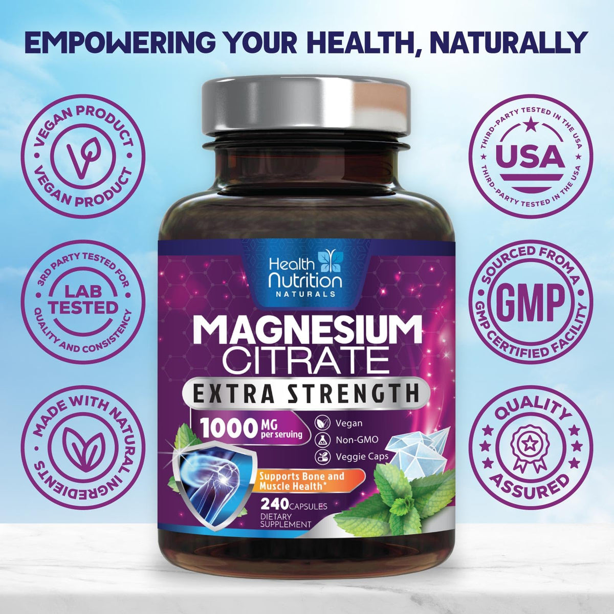 Vue de côté du flacon de magnésium citrate 1000mg