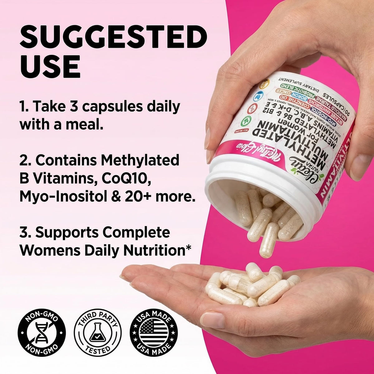Vue de côté du flacon de multivitamines methylées pour femmes